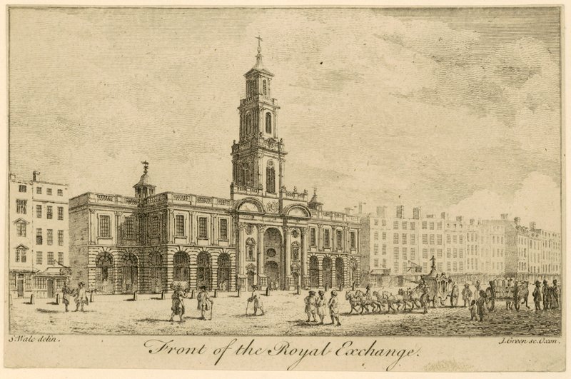 Voorzijde van de Royal Exchange, Londen door Samuel Wale