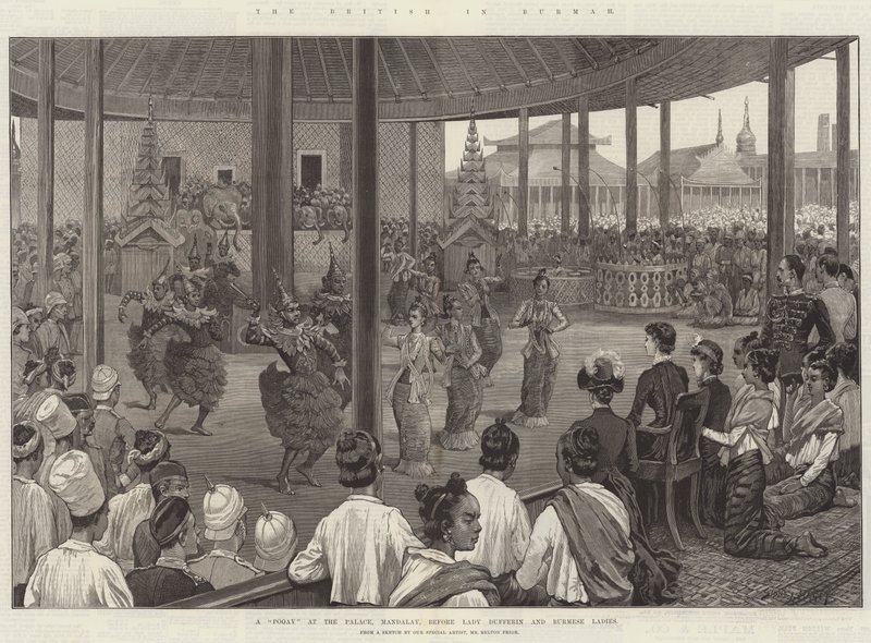 De Britten in Birma, een Pooay in het Paleis, Mandalay, voor Lady Dufferin en Birmese Dames door Sidney Paget