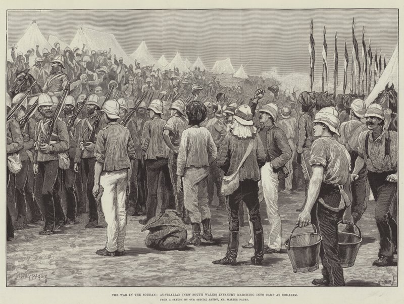 De oorlog in de Soedan, Australische (Nieuw-Zuid-Wales) infanterie marcheert het kamp binnen in Souakim door Sidney Paget