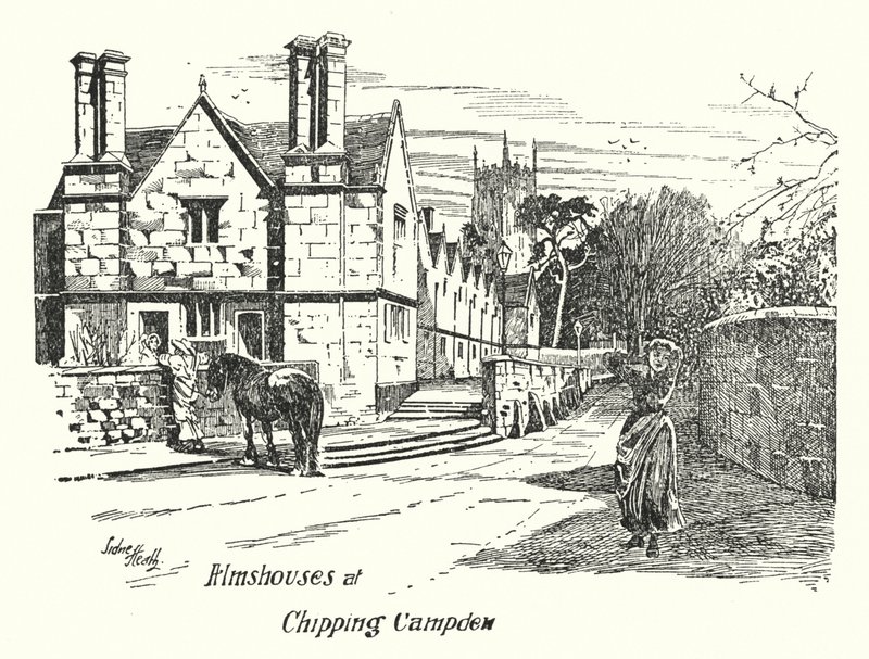 Armenhuizen in Chipping Campden (gravure) door Sidney Heath