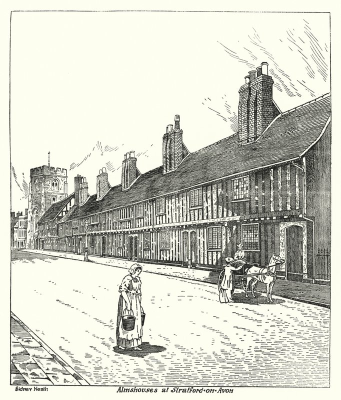 Armenhuizen in Stratford-on-Avon (gravure) door Sidney Heath