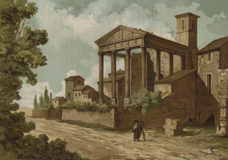 De Romeinse Tempel van Hercules in Cori, Italië door Spanish School
