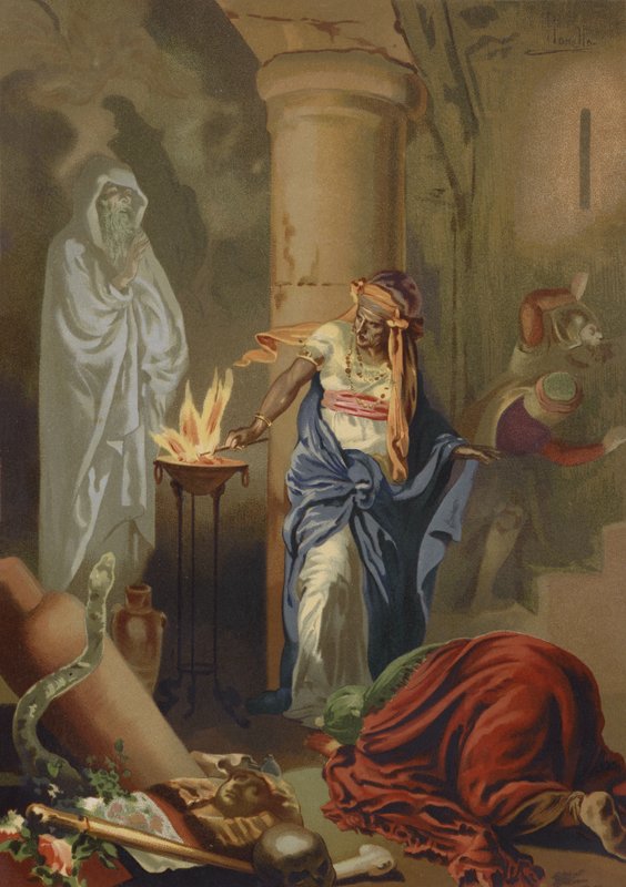 De heks van Endor roept de geest van Samuel op door Spanish School
