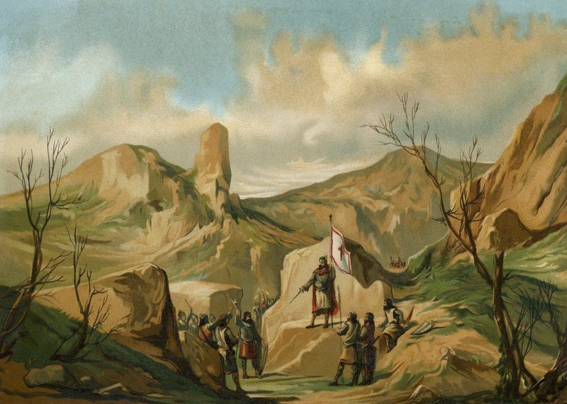 Pelagius van Asturië bij Covadonga, Spanje, ca. 722 door Spanish School