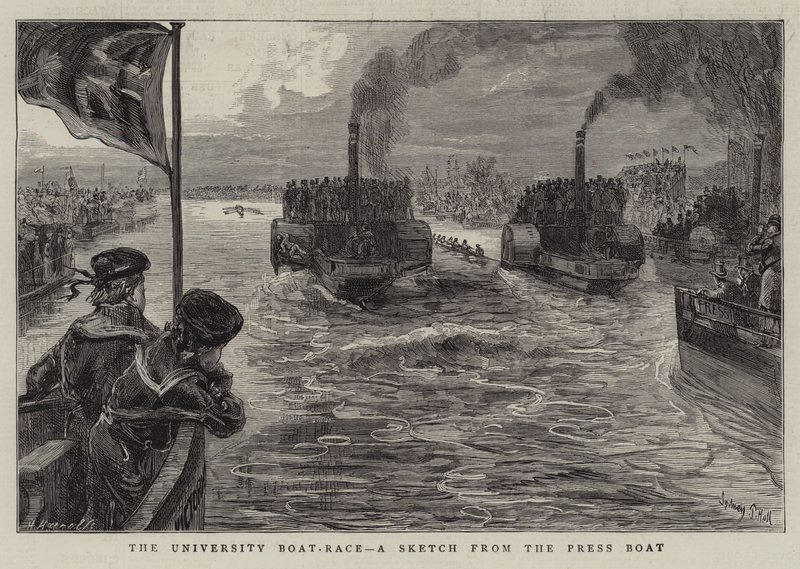 De Universiteitsbootrace, een schets vanaf de persboot door Sydney Prior Hall