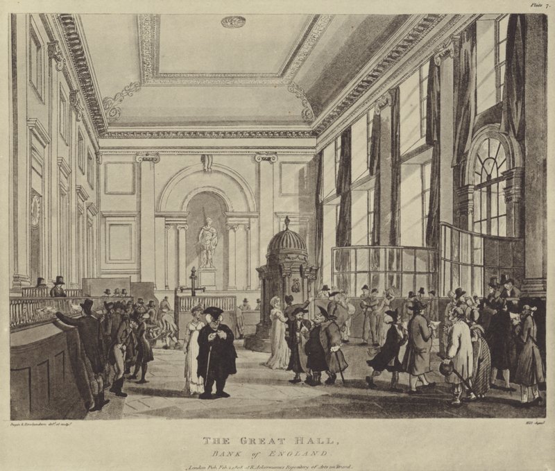 De Betaalhal, Bank of England, 1808 door T. and Pugin Rowlandson