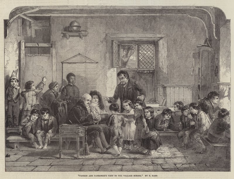 Bezoek van de Patron en Patronesse aan de Dorpsschool door Thomas Faed