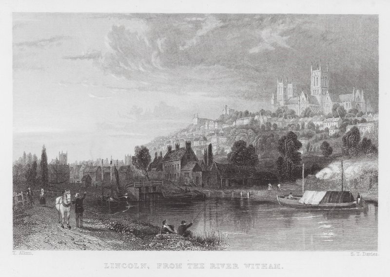Lincoln, vanaf de rivier Witham (gravure) door Thomas (after) Allom