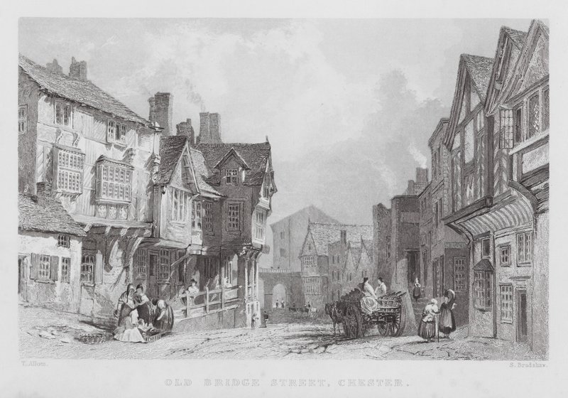 Old Bridge Street, Chester door Thomas (after) Allom