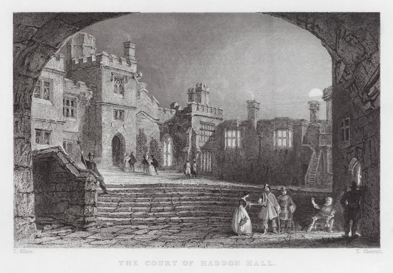 De binnenplaats van Haddon Hall (gravure) door Thomas (after) Allom