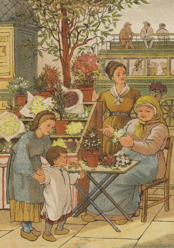 Parijs: een bloemenkraam (kleur litho) door Thomas Crane