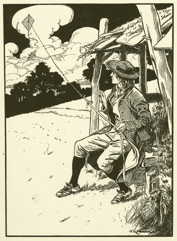 Franklin en zijn vlieger (gravure) door Thomas Heath Robinson