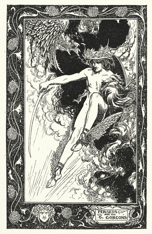 Perseus en Gorgonen (litho) door Thomas Heath Robinson