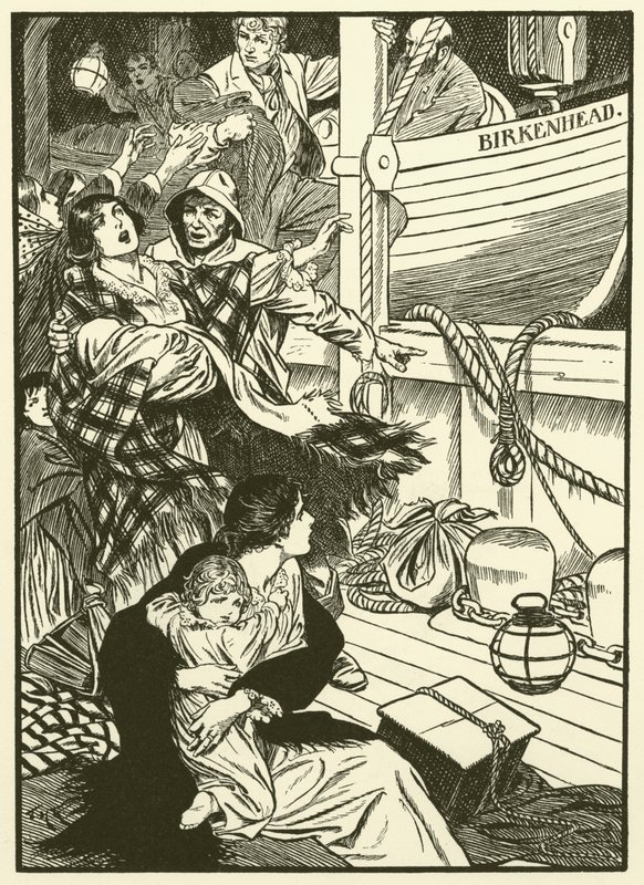 Het redden van vrouwen en kinderen (gravure) door Thomas Heath Robinson