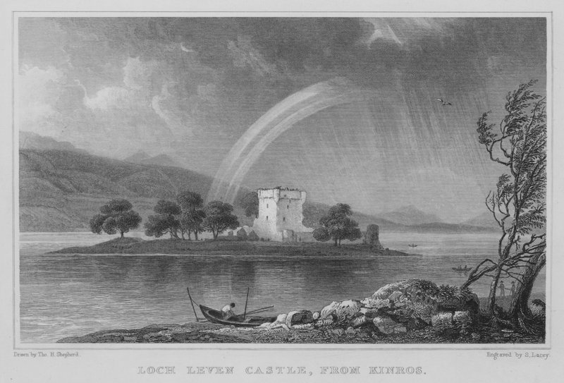 Kasteel Loch Leven, vanaf Kinros (gravure) door Thomas Hosmer Shepherd