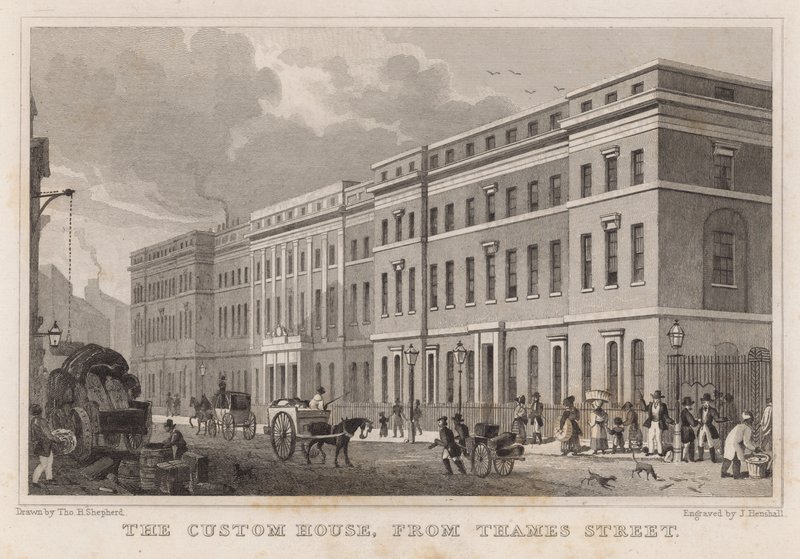 Het douanehuis, vanaf Thames Street door Thomas Hosmer Shepherd