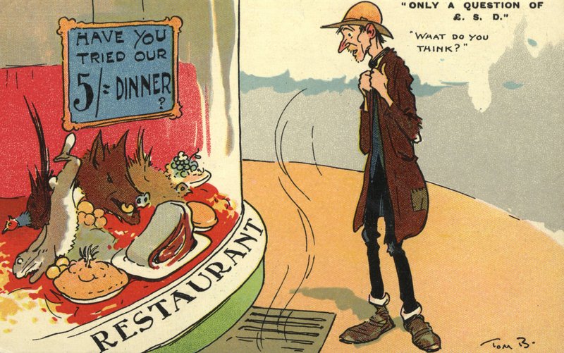 Zwerver kijkt in een restaurantvenster door Tom Browne