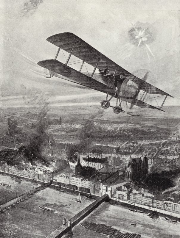 Squadron Leader Spenser Grey vliegt over Keulen, 8 oktober 1914 door W. Avis