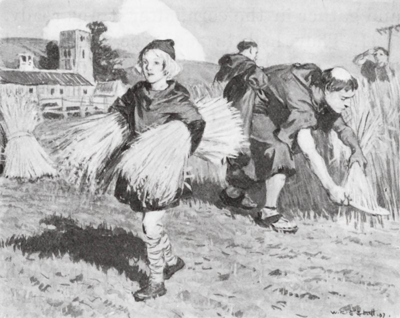 Bede in het oogstveld (litho) door W.R.S. (after) Stott