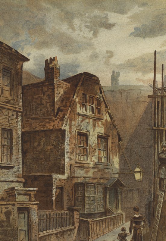 Oud huis achter Ludgate (chromolitho) door Waldo Sargeant