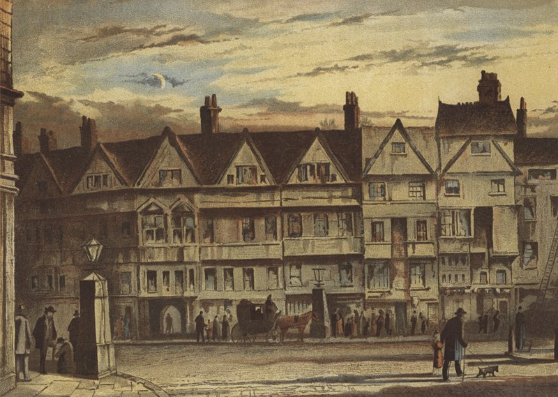 Oude huizen, Holborn Bars (chromolitho) door Waldo Sargeant