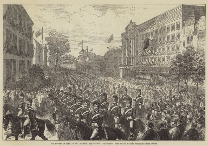 De Vierde Juli in Philadelphia, de Militaire Processie, Stadstroepen die door Broad-Street trekken door Walter Paget