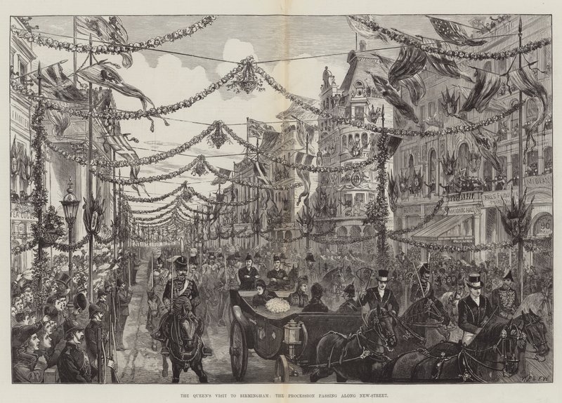 Het Bezoek van de Koningin aan Birmingham, de Processie die Langs New-Street Gaat door Walter Paget