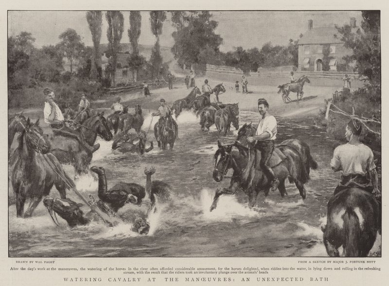 Cavalerie water geven bij de manoeuvres, een onverwachte bad door Walter Stanley Paget