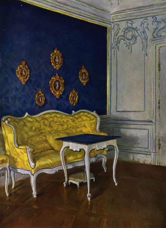 Blauwe Salon in Kasteel Weikersheim, Württemberg, Rococo decoratie, circa 1740 door Wilhelm Beckmann