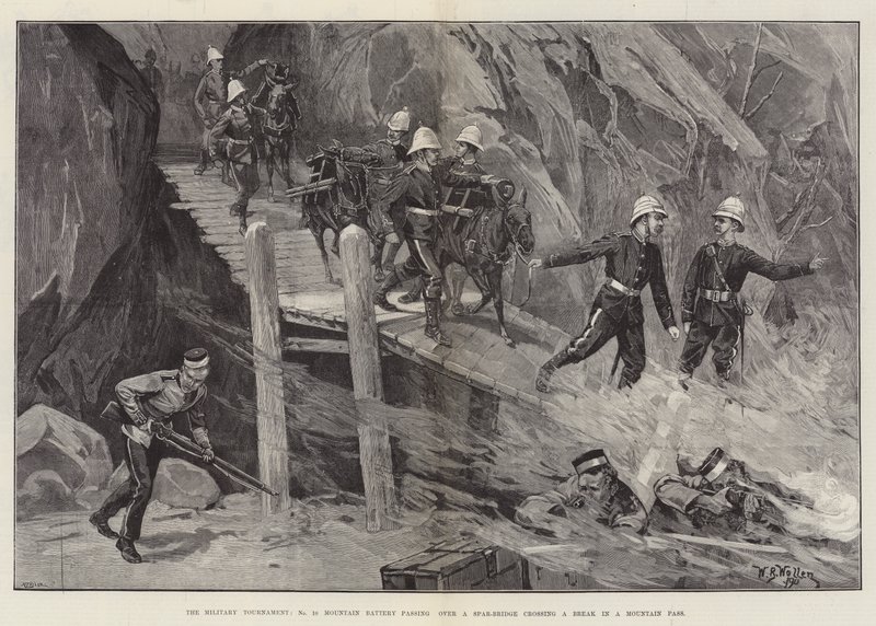 Het militaire toernooi, No 10 Mountain Battery passeert een Spar-Bridge over een breuk in een bergpas door William Barnes Wollen
