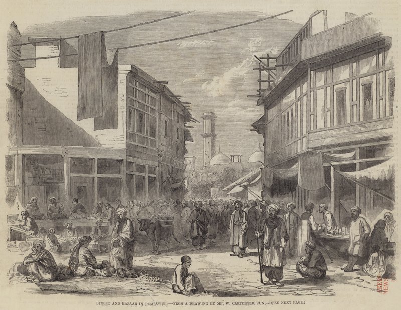 Straat en bazaar in Peshawur door William Carpenter