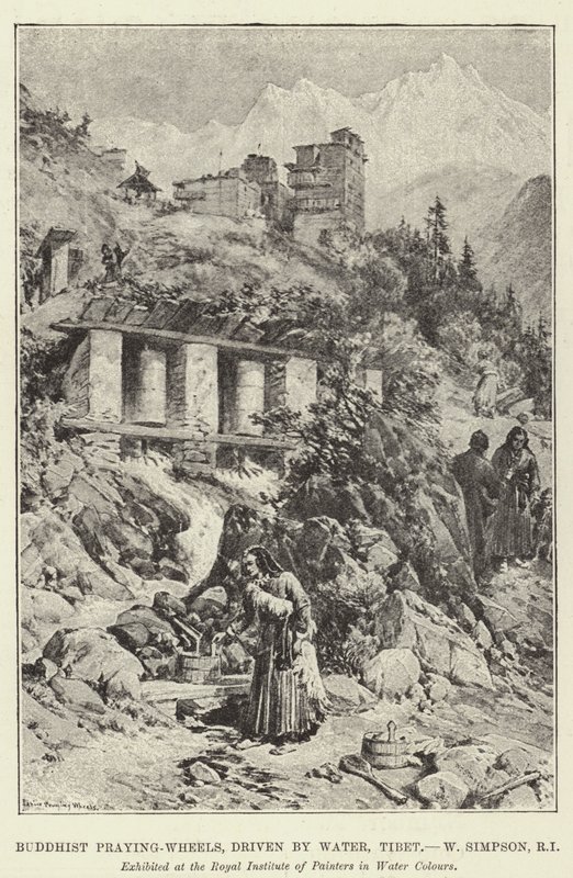 Boeddhistische gebedsmolens, aangedreven door water, Tibet door William Crimea Simpson