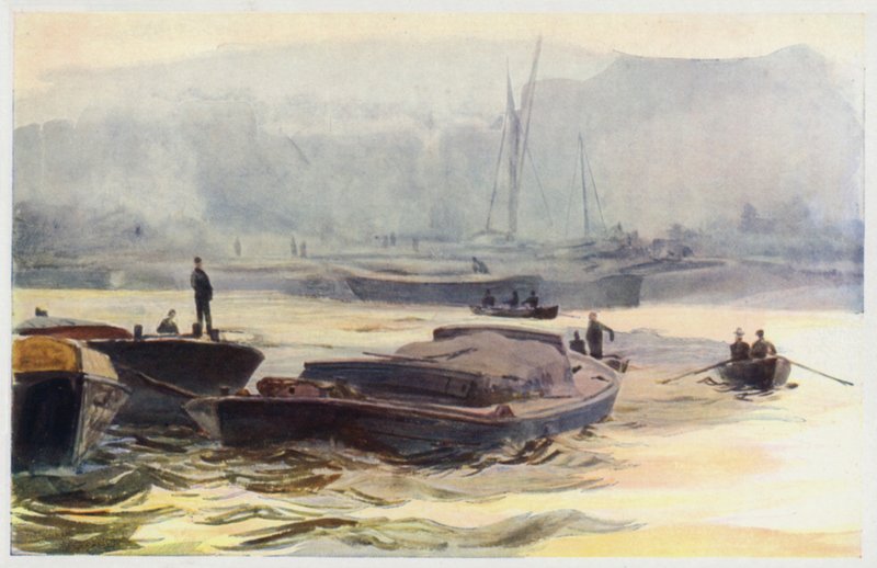 Dumb Barges in de Pool door William Lionel Wyllie