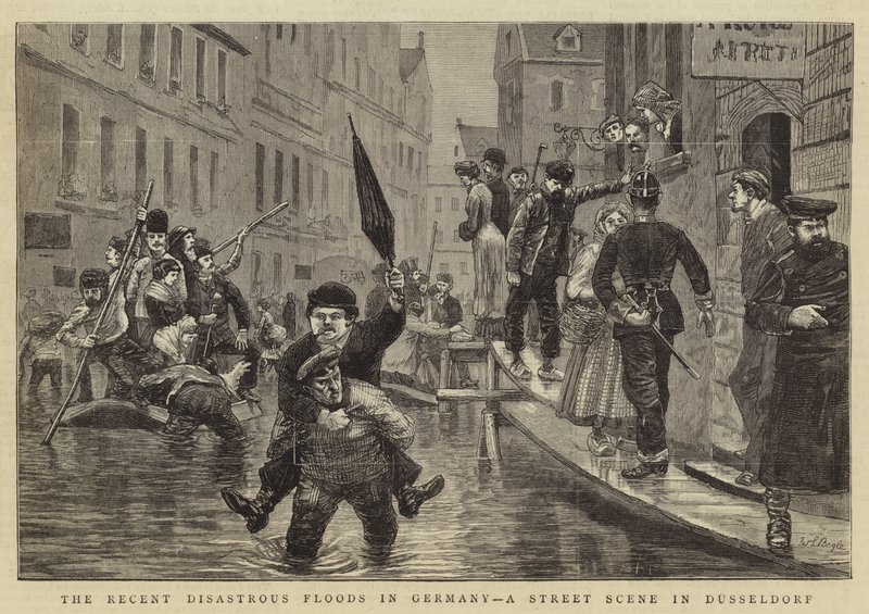 De recente rampzalige overstromingen in Duitsland, een straattafereel in Düsseldorf door William Lockhart Bogle