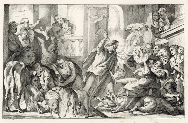 Jezus verdrijft de geldwisselaars uit de tempel door William Oliver