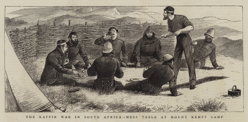 De Kaffir-oorlog in Zuid-Afrika, Mess Table in Mount Kempt Camp door William Ralston