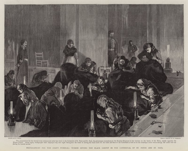 Voorbereidingen voor de begrafenis van de tsaar, vrouwen naaien het zwarte tapijt in de kathedraal van St. Peter en St. Paul door William Small