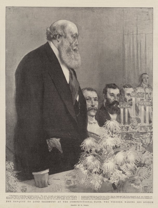 Het banket voor Lord Salisbury in de Constitutionele Club, de premier houdt zijn toespraak door William Small