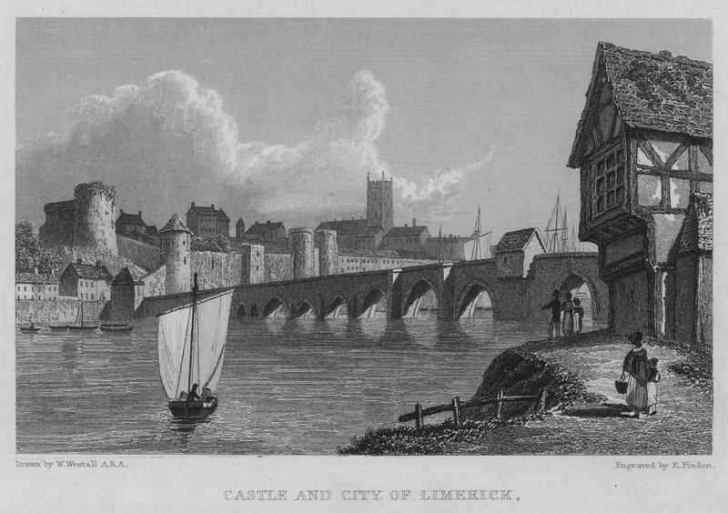Kasteel en stad Limerick door William (after) Westall