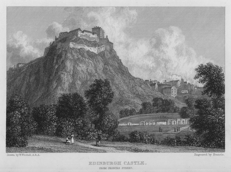 Edinburgh Kasteel, vanaf Princes Street (gravure) door William (after) Westall