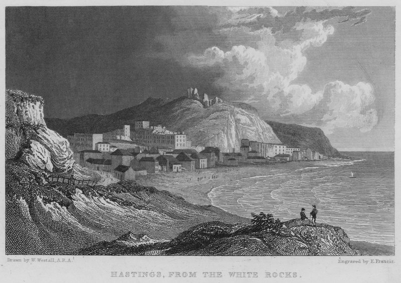 Hastings, vanaf de Witte Rotsen door William (after) Westall