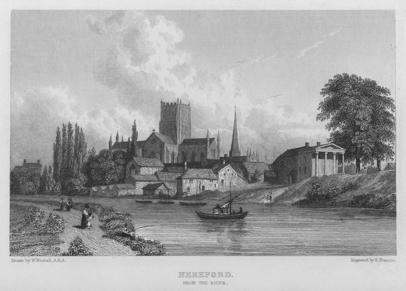 Hereford, vanaf de rivier (gravure) door William (after) Westall