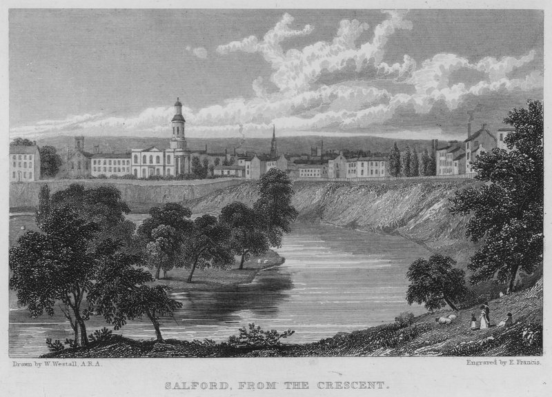 Salford, vanaf de Crescent (gravure) door William (after) Westall