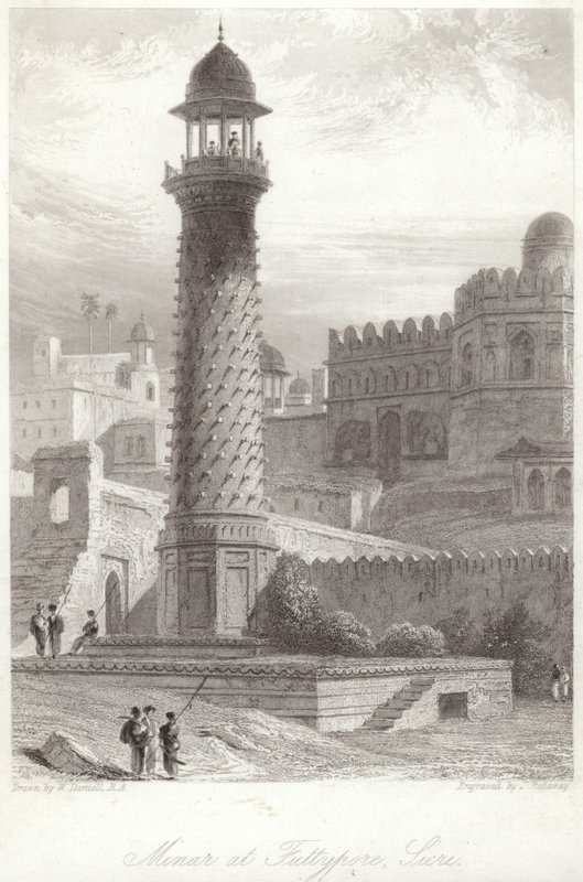 Minar in Futtypore Sicri door William Daniell