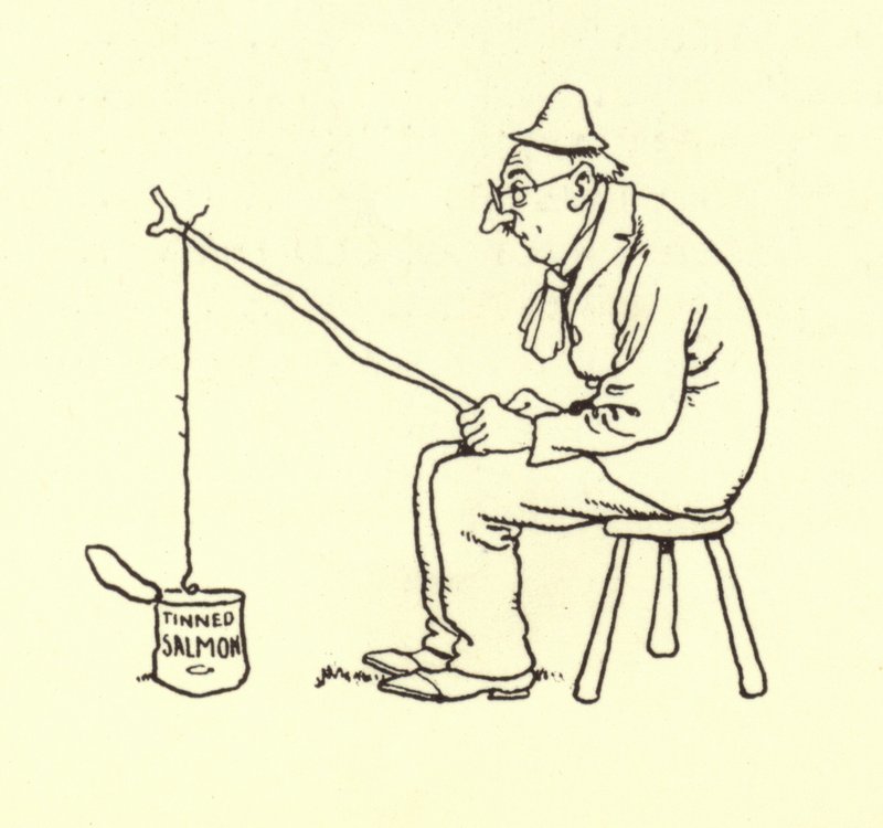 Man die vist op ingeblikte zalm door William Heath Robinson