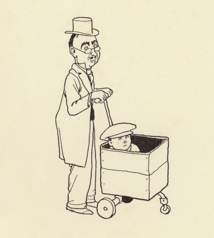 Man duwt jongen in een doos door William Heath Robinson