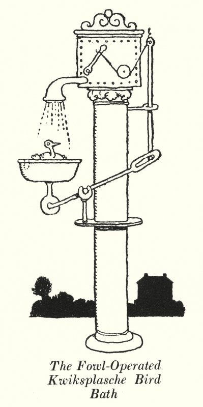 Het door Vogels Bediende Kwiksplasche Vogelbad (litho) door William Heath Robinson
