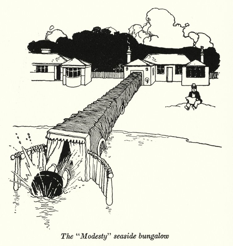 De "Bescheidenheid" Strandbungalow (litho) door William Heath Robinson