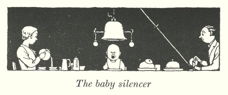 De baby-stilhouder (litho) door William Heath Robinson
