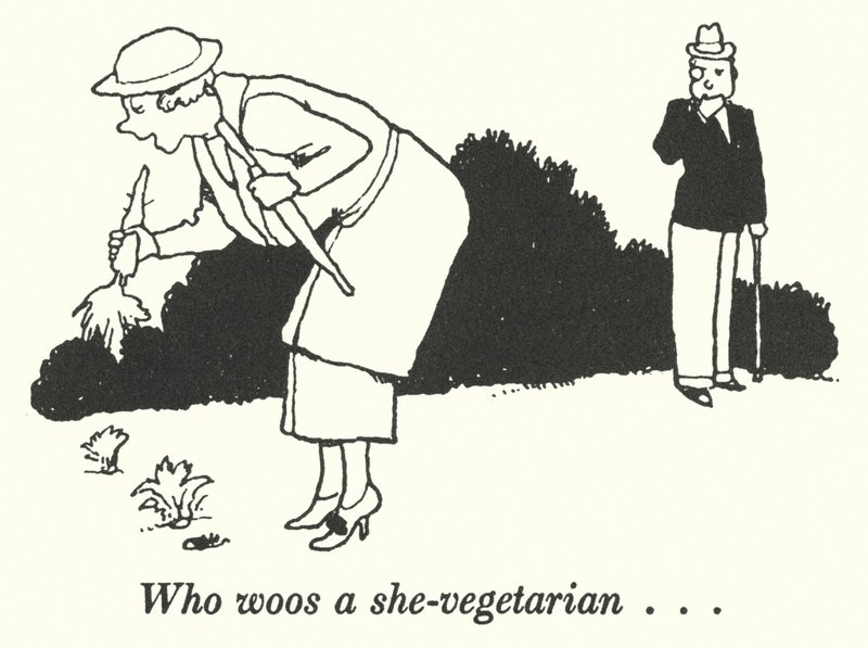 Wie een vrouwelijke vegetariër het hof maakt (litho) door William Heath Robinson